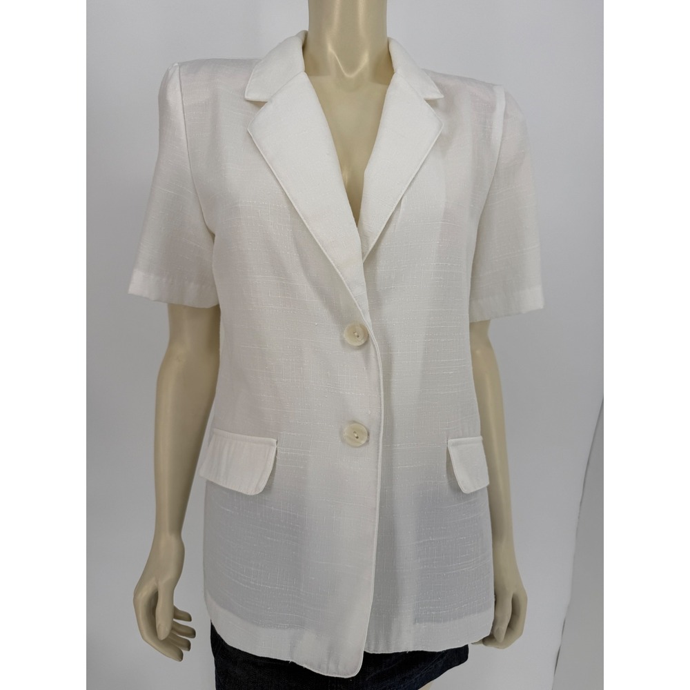 Vintage 80s Womens White Short Sleeve Blazer Jacket Size 14P Bold Shoulder